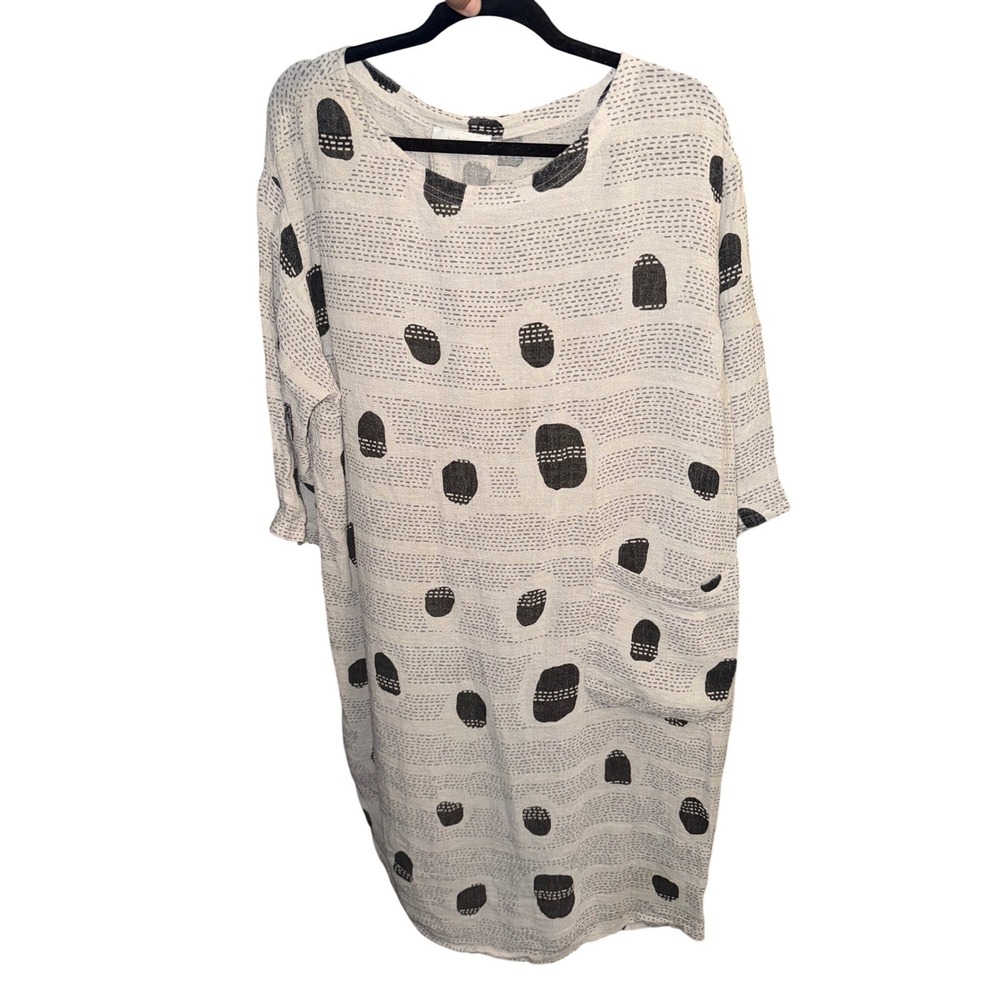 Noen Jessie Juniper Linen Shift‎ Dress Oatmeal Grey Spot Dash Print US 16 - Picture 5 of 11